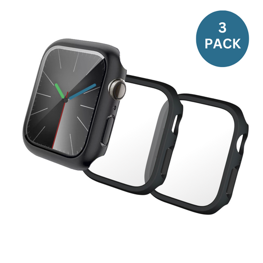 3 Pack Qixxronics Black Case with Built in Tempered Glass Screen Protector Compatible with Apple Watch Series 7 45mm