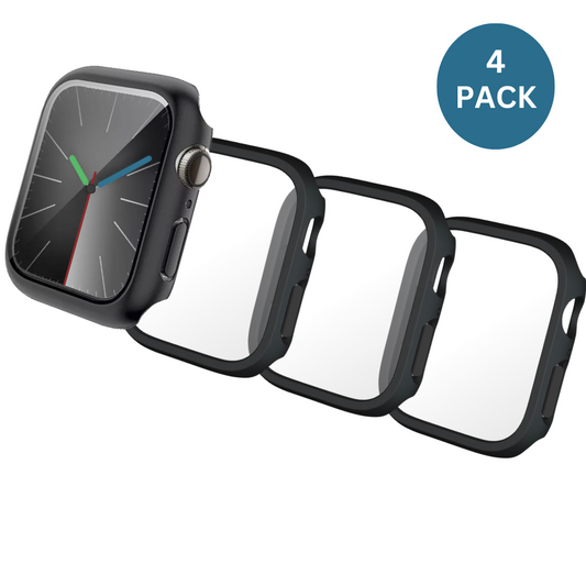 4PACK Qixxronics Black Case for Apple Watch Series 1/2/3 - 38mm, Full Cover, with Built-in Tempered Glass Screen Protector
