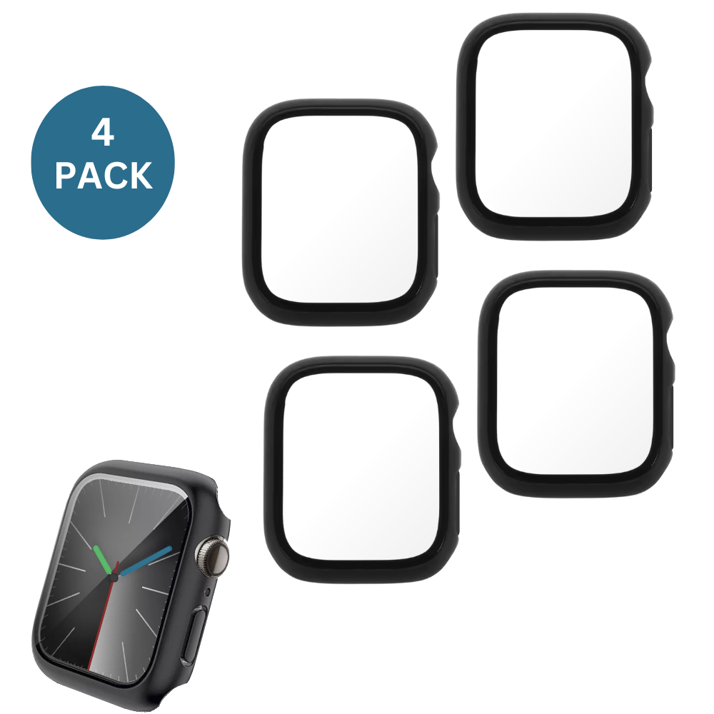 4PCS Qixxronics Black Case for Apple Watch Series 7 / 8 / 9 - 45mm, with Built-in Tempered Glass Screen Protector Full Coverage