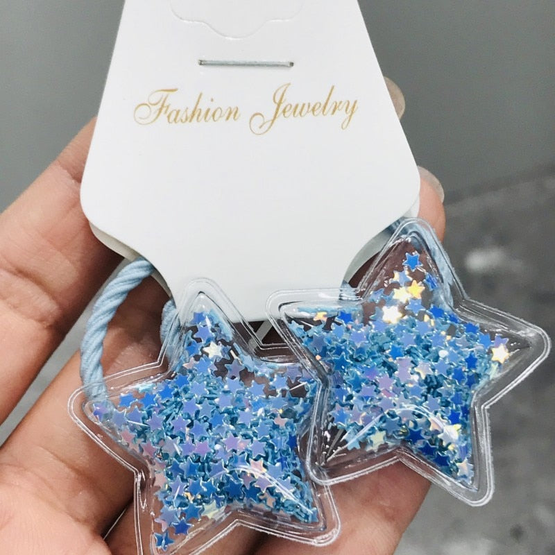 2Pcs Blue Glitter Star Girls Elastic Hair Bands Ponytail Hair Ties Kids Headband