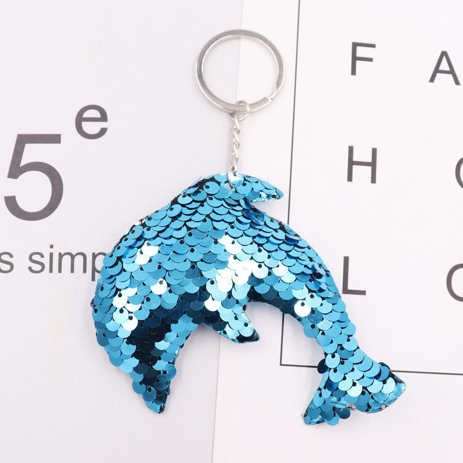 Blue Dolphin Sequins Keychain for Women Ladies Mom Gift Keyring Girl Car Bag