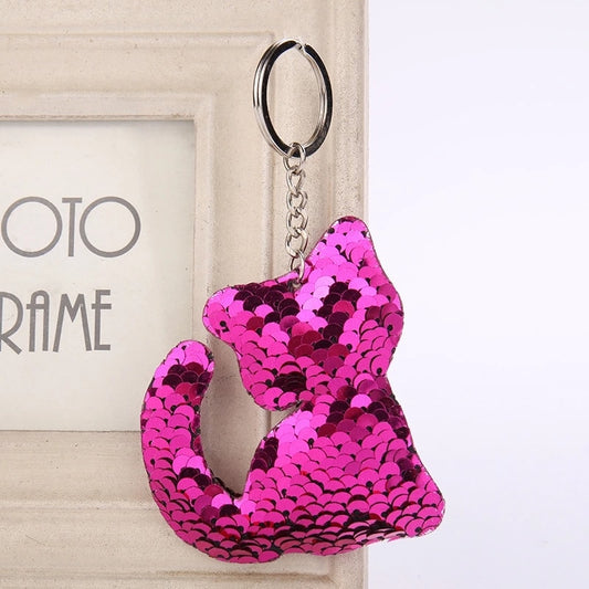 Hot Pink Cat Sequins Keychain for Women Ladies Mom Gift Keyring Girl Car Bag