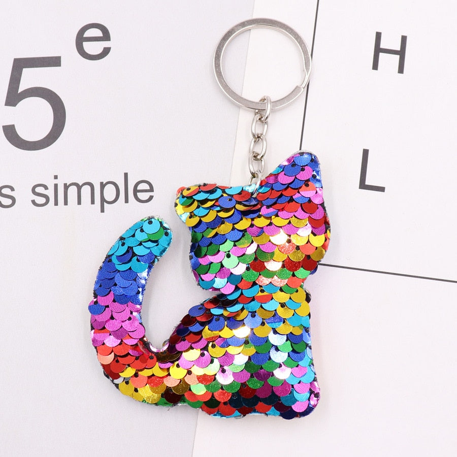 Colorful Cat Sequins Keychain for Women Ladies Mom Gift Keyring Girl Car Bag