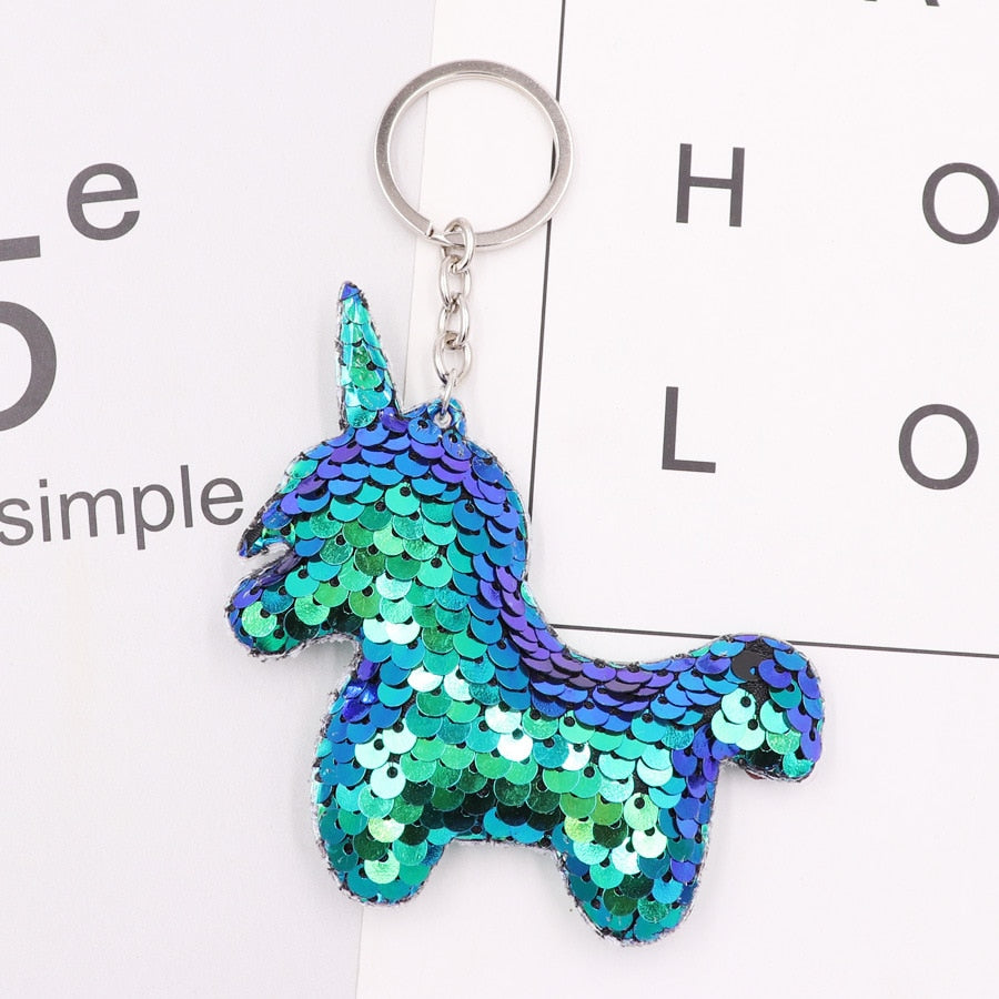 Green Blue Cartoon Unicorn Sequins Keychain for Women Ladies Mom Gift Keyring