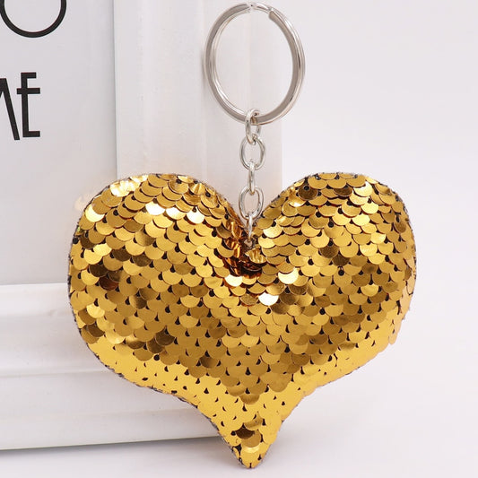 Heart Golden Color Sequins Keychain for Women Ladies Mom Gift Keyring Girl Car