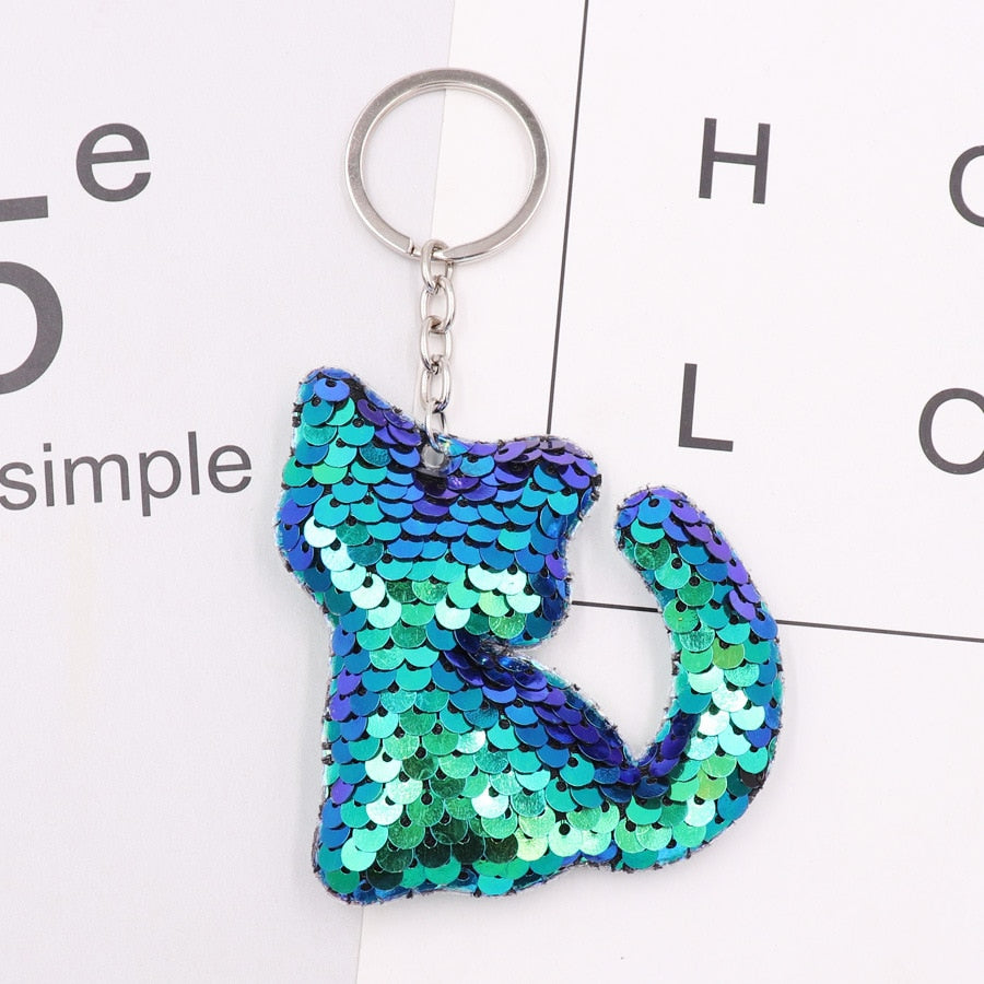 Blue Green Cat Sequins Keychain for Women Ladies Mom Gift Keyring Girl Car Bag