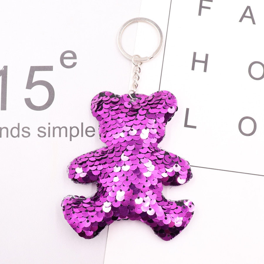 Purple Bear Sequins Keychain for Women Ladies Mom Gift Keyring Girl Car Bag