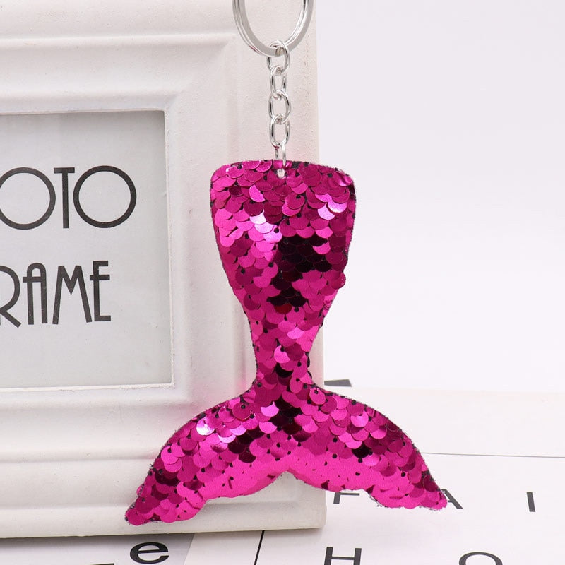 Mermaid Tail Hot Pink Sequins Keychain for Women Ladies Mom Gift Keyring Girl