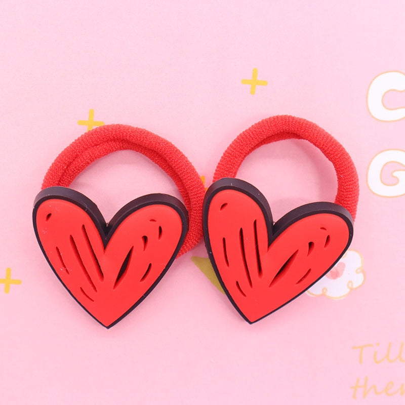 2Pcs Red Heart Kids Rubber Bands Ponytail Holder Headband Hair Rope Ties Gift