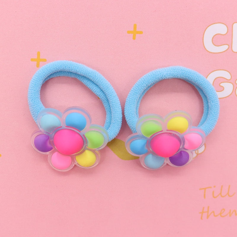 2Pcs Colorful Flower Kids Rubber Bands Ponytail Holder Headband Hair Rope Ties