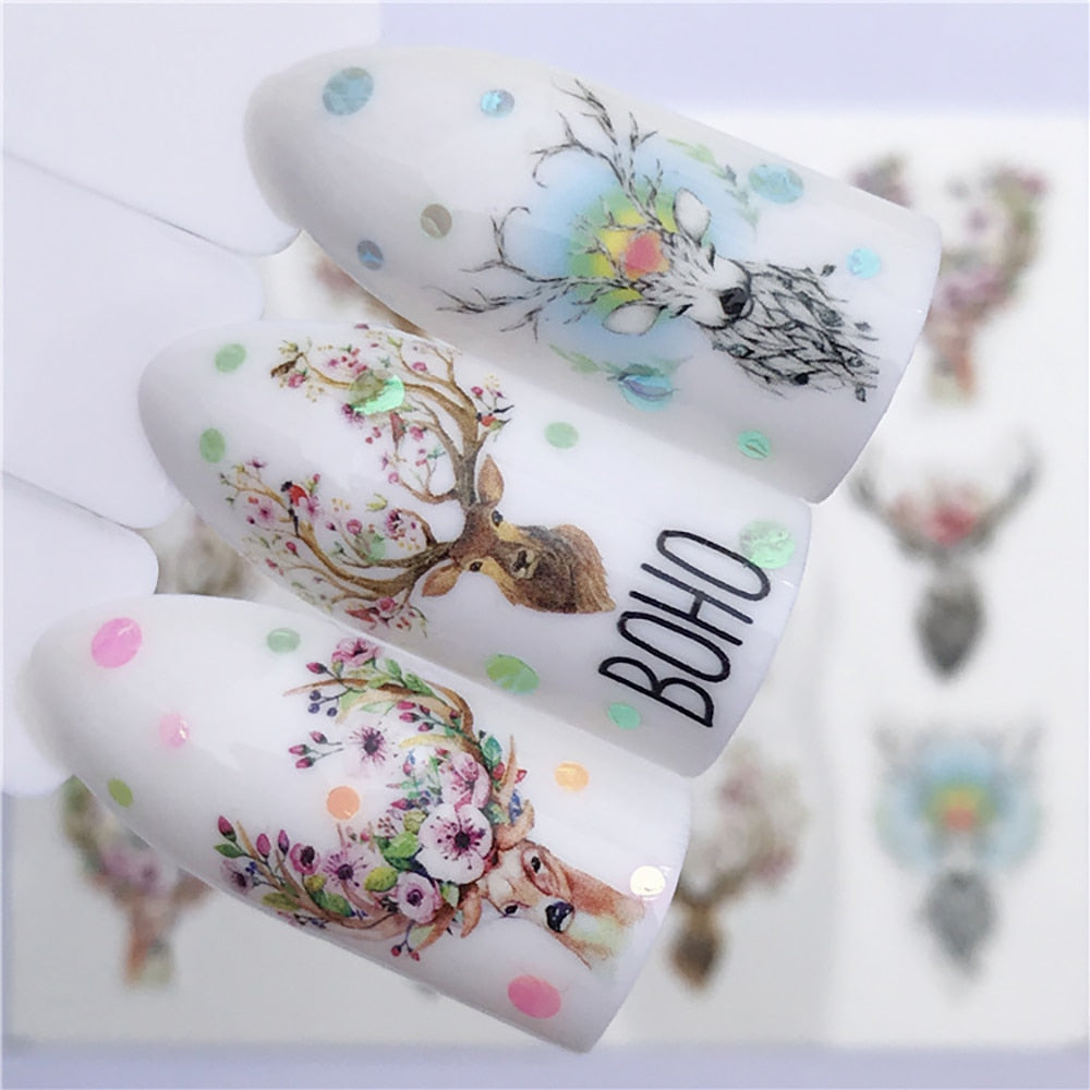 Deer With Floral Decor Antlers Nail Sticker Summer Nail Design Decorations
