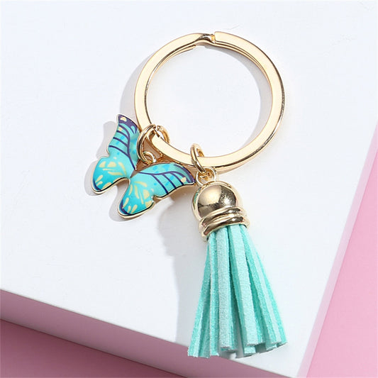 Mint Green Dripping Oil Butterfly Charms Keychain Tassel Girl Fashion Key Rings