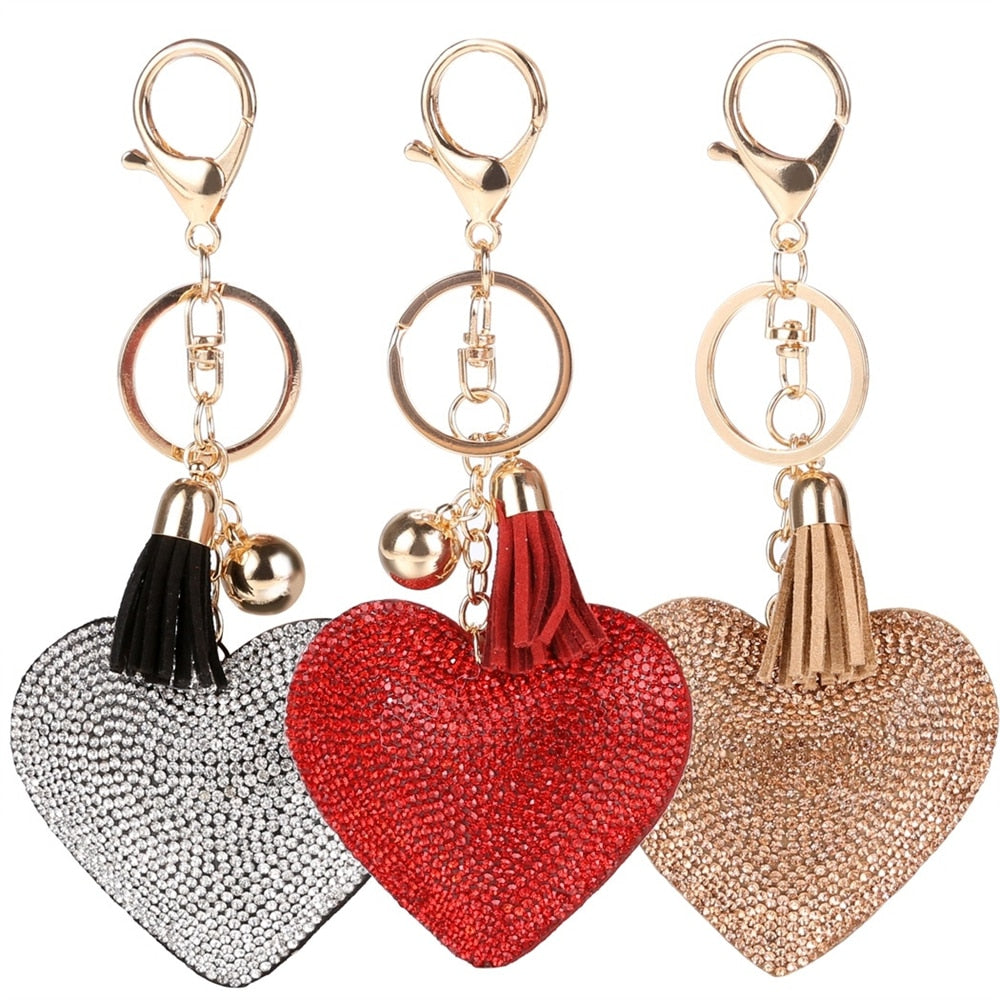 11 Styles Heart Full Rhinestone Keychain PU Leather Tassel Keyring for Women Car