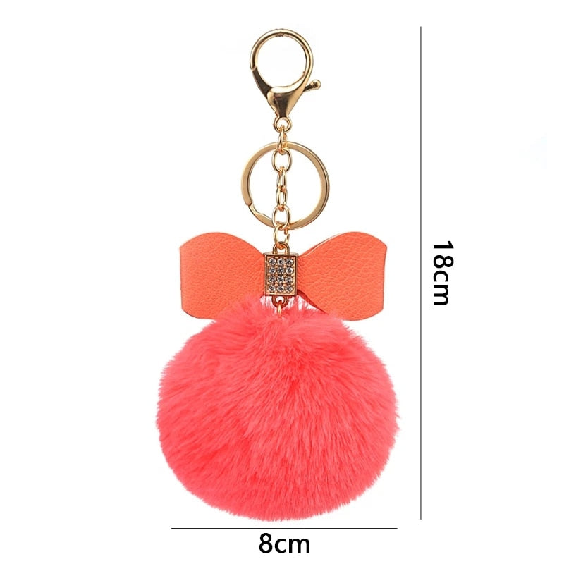 Coral Orange Pompom Pendant Keychain Cute PU Bow Tie Keyring Plush Women Bags