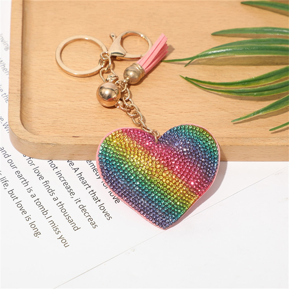 Colorful Heart Full Rhinestone Keychain PU Leather Tassel Keyring for Women Car
