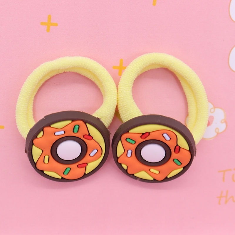 2Pcs Orange Glazed Donut Kids Rubber Bands Ponytail Holder Headband Hair Rope