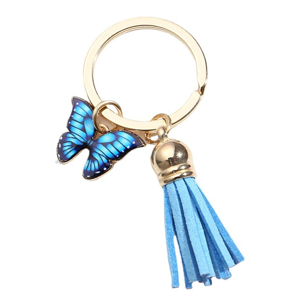 Blue Dripping Oil Butterfly Charms Keychain Tassel Girl Fashion Key Rings