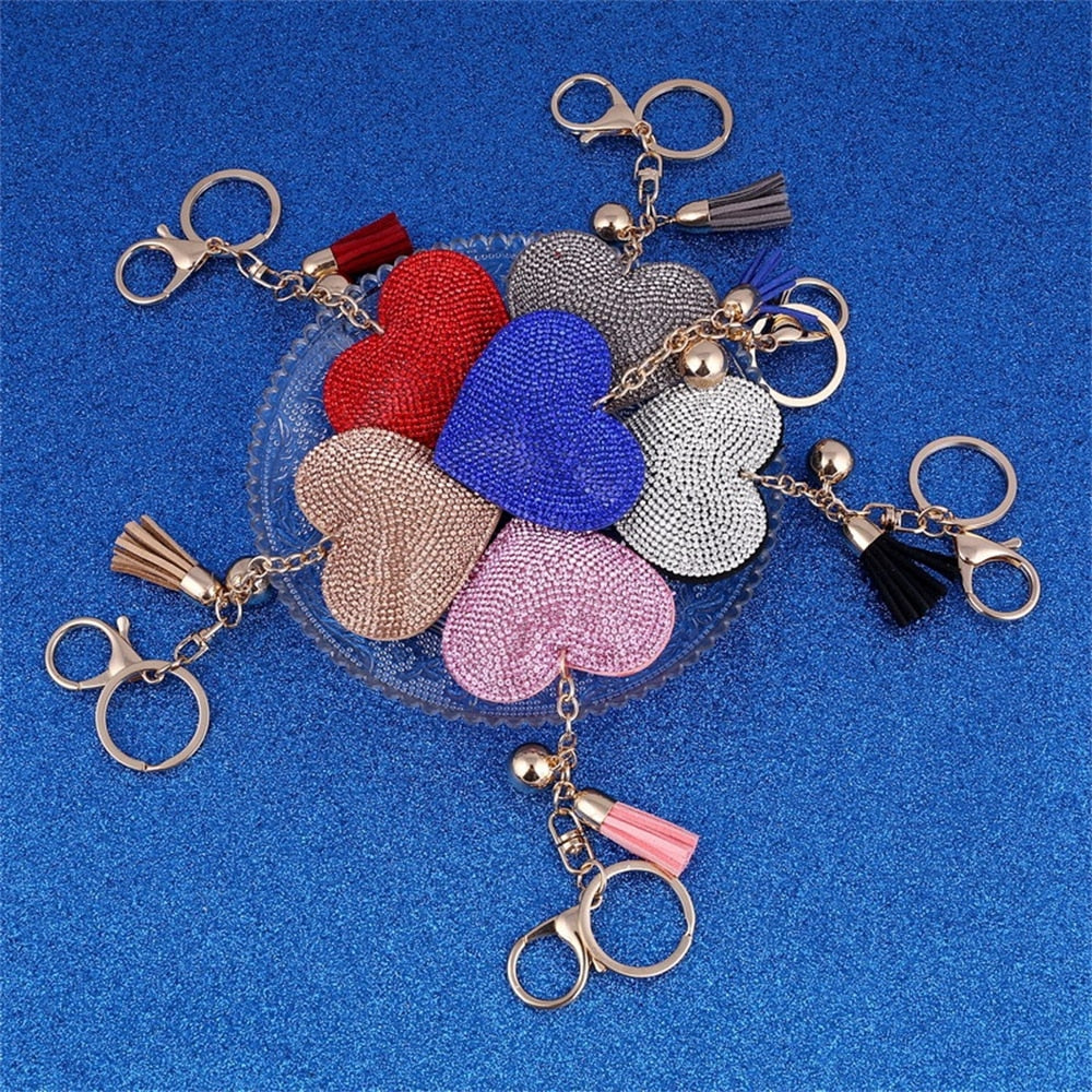 11 Styles Heart Full Rhinestone Keychain PU Leather Tassel Keyring for Women Car