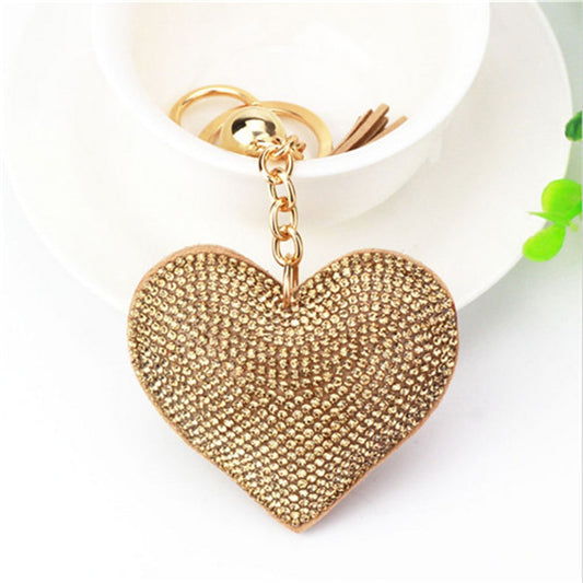 Golden Color Heart Full Rhinestone Keychain PU Leather Tassel Keyring for Women