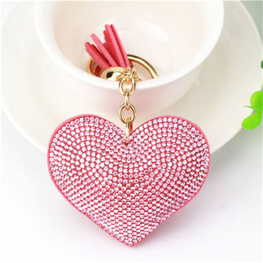 Pink Heart Full Rhinestone Keychain PU Leather Tassel Keyring for Women Car Key