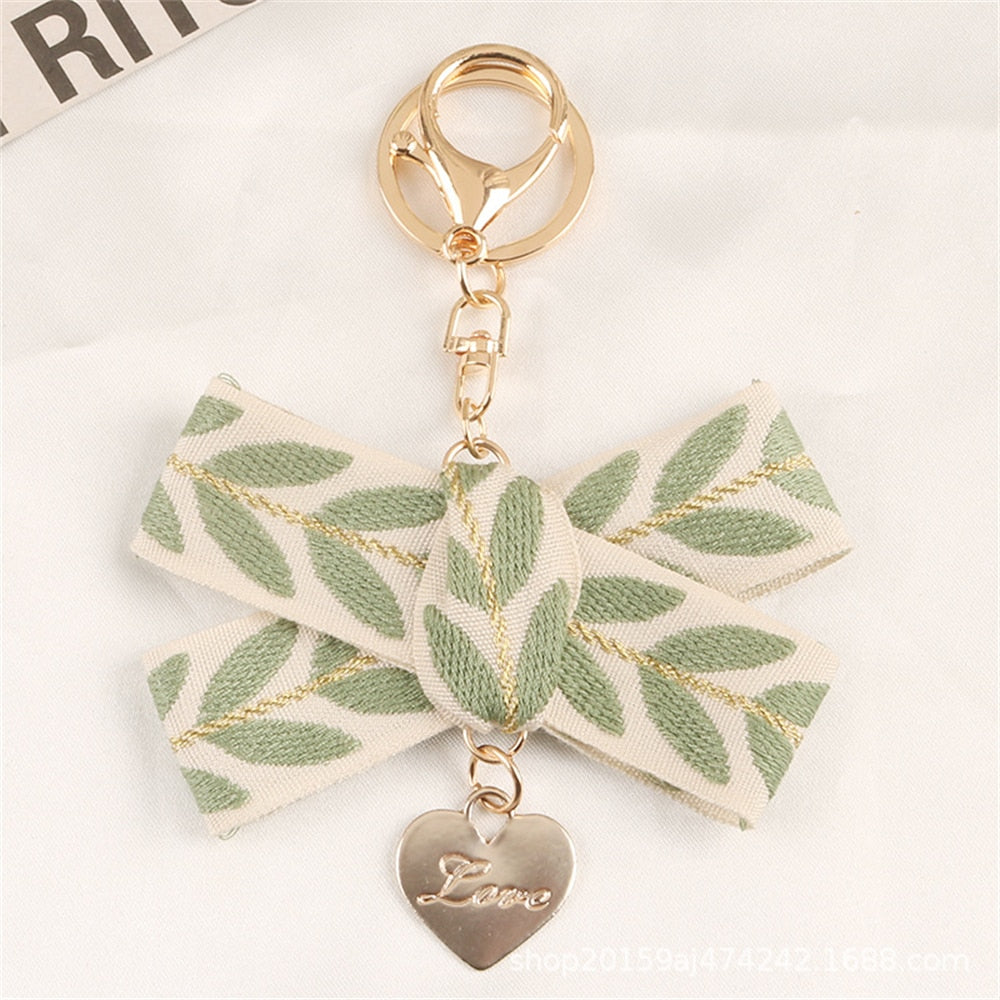 Bow Design Fresh Leaf Stripe Key Ring Embroidery Alloy Pearl Pendant Heart