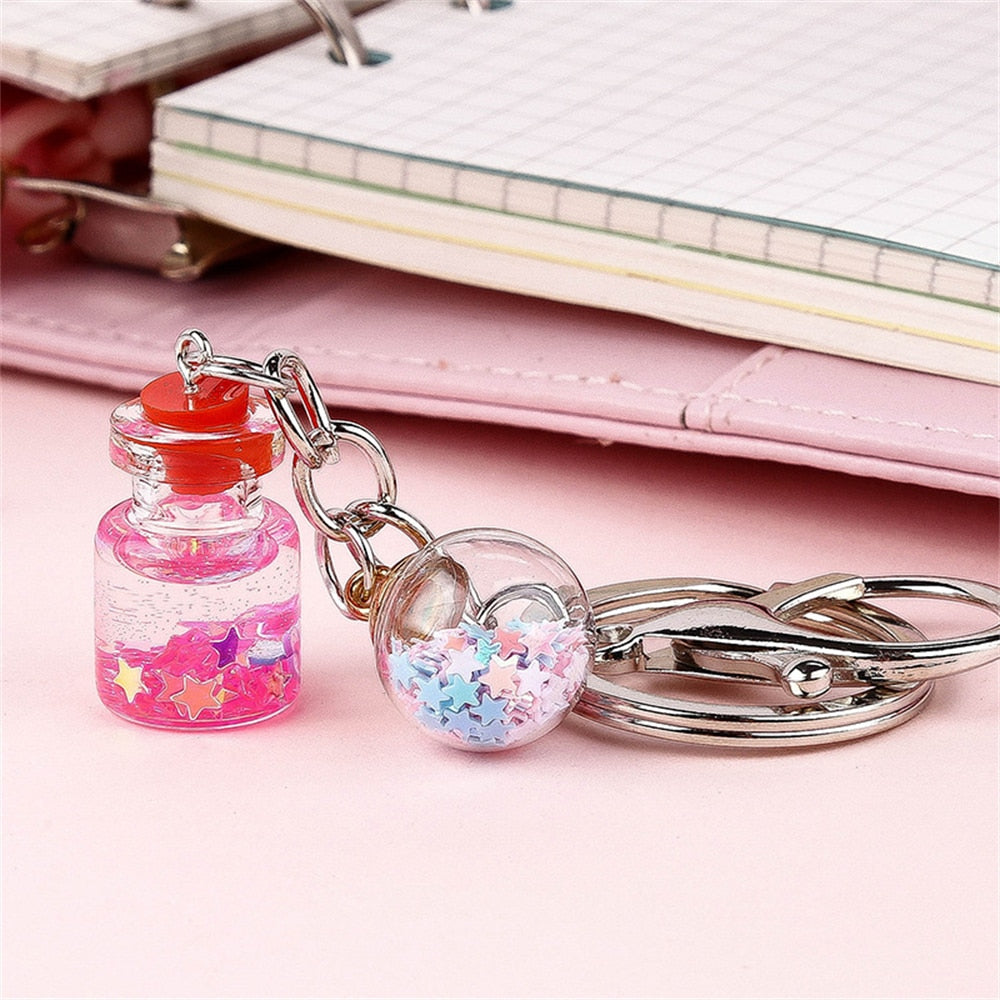 Pink Bottle Star Glitter Keychain Gift Cute Charms Keyring Souvenir Handbag