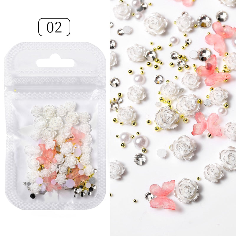 White Rose Pink Butterfly Nail Art Charms DIY Flatback 3D Nail Decoration Nail