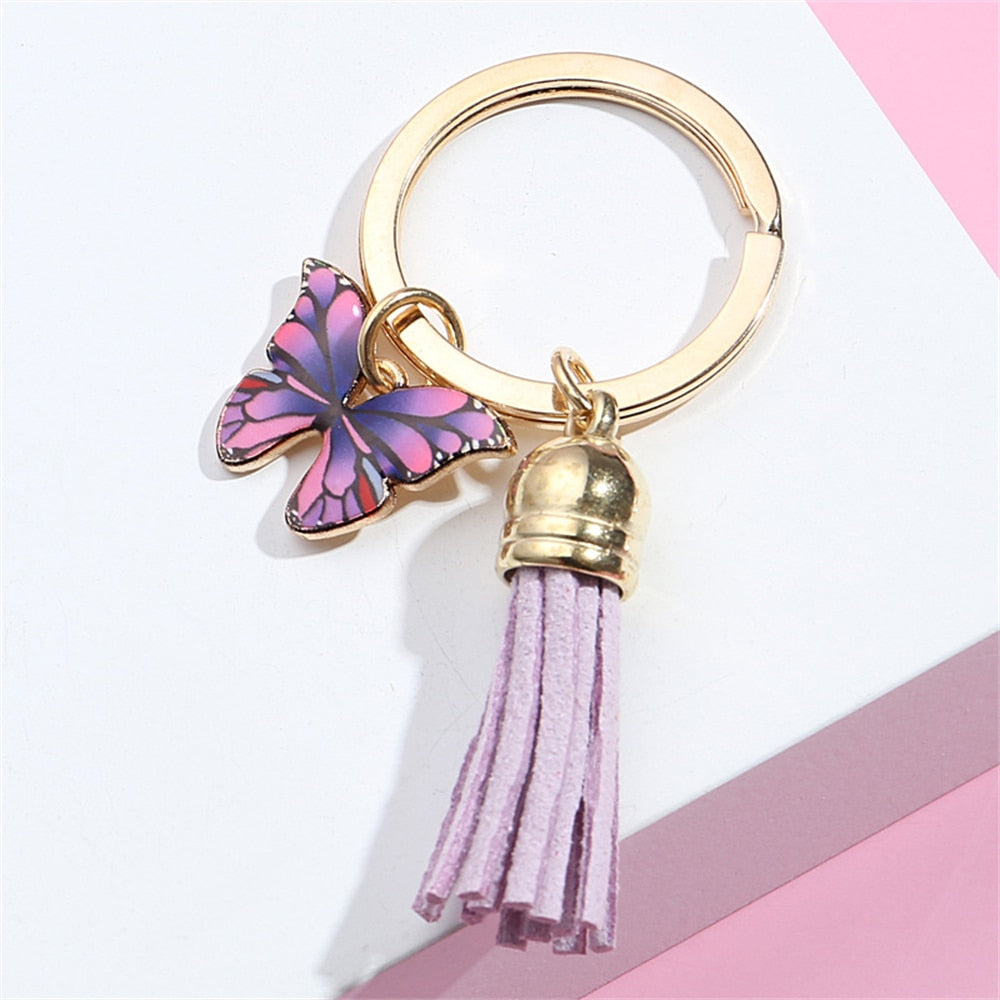 Purple Dripping Oil Butterfly Charms Keychain Tassel Girl Fashion Key Rings