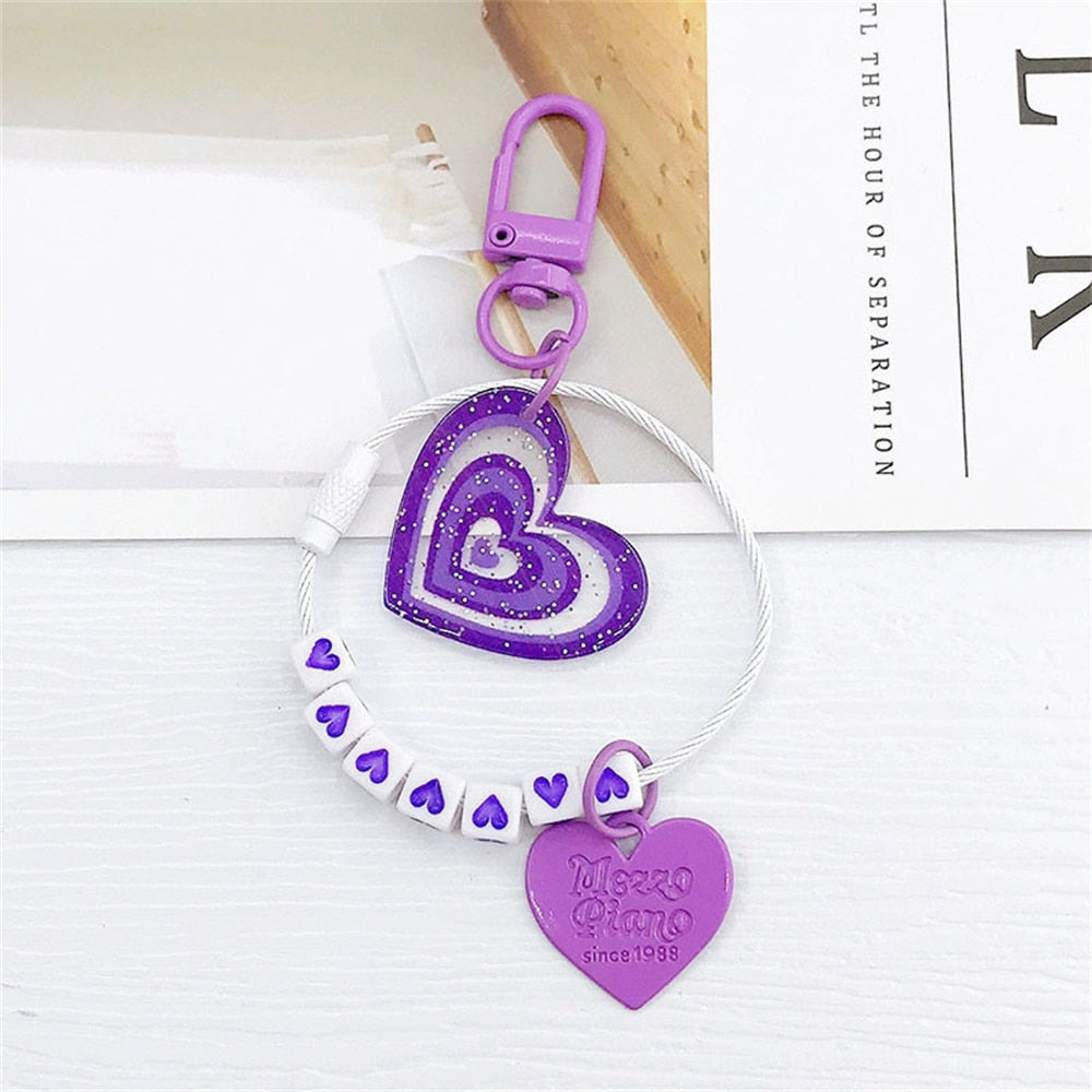 Purple Heart Beads Pendant Acrylic Keychains Cute Love Keyrings Women Bag