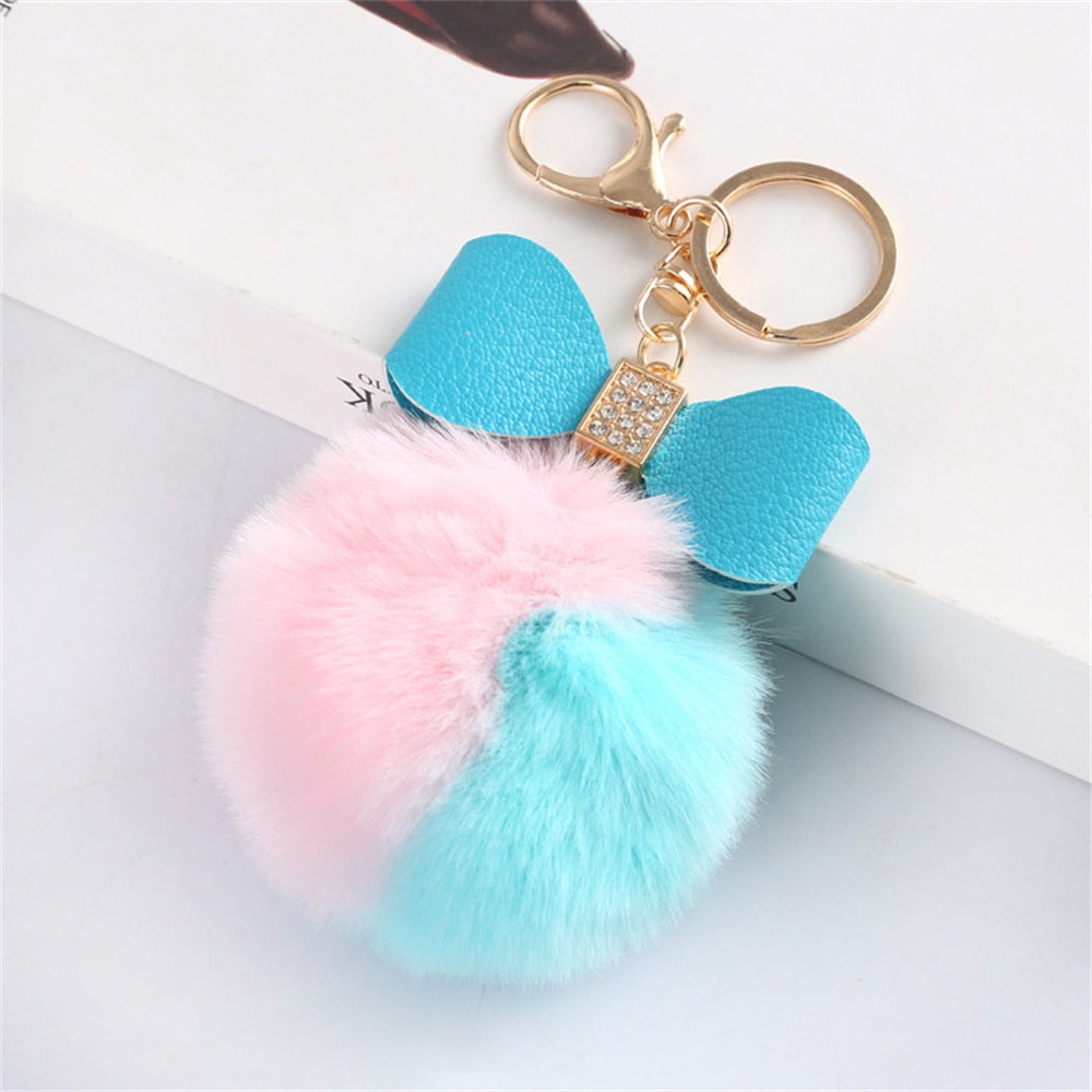 Pink Blue Pompom Pendant Keychain Cute PU Bow Tie Keyring Plush Women Bags