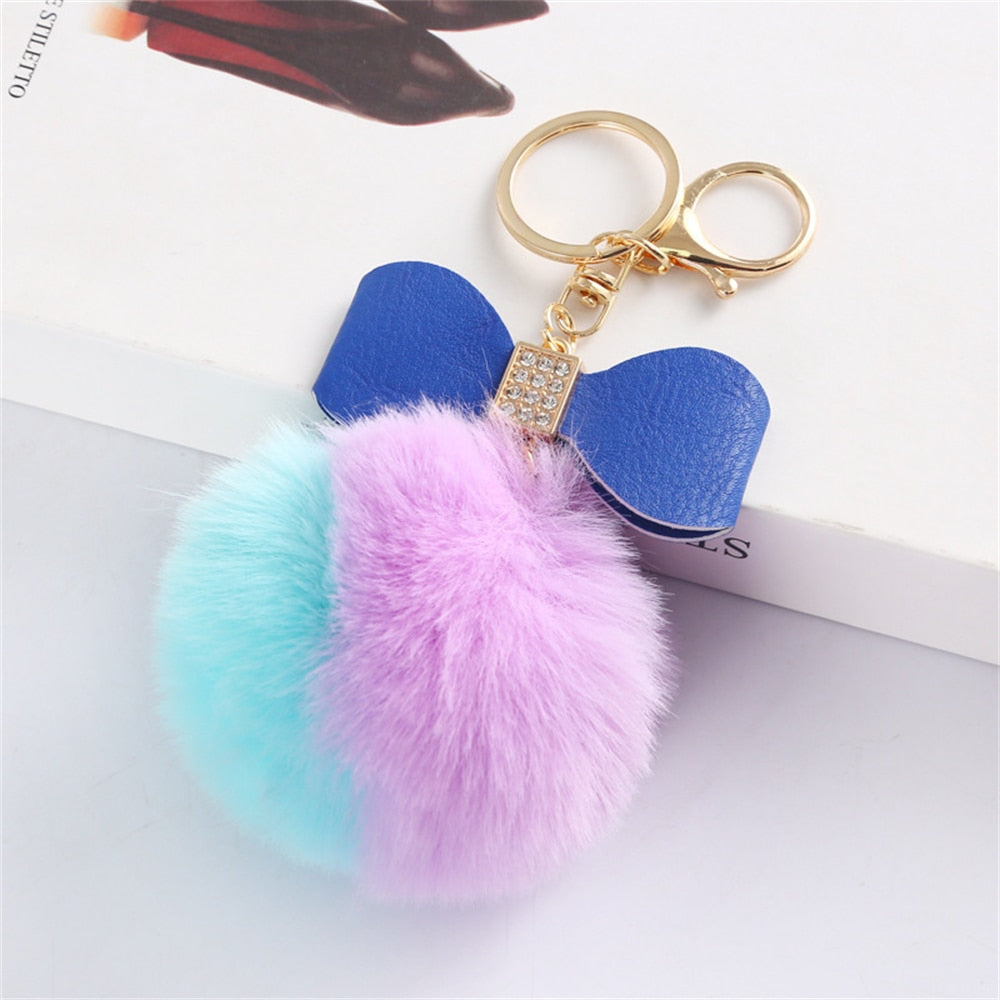 Multicolor Pompom Pendant Keychain Cute PU Bow Tie Keyring Plush Women Bags