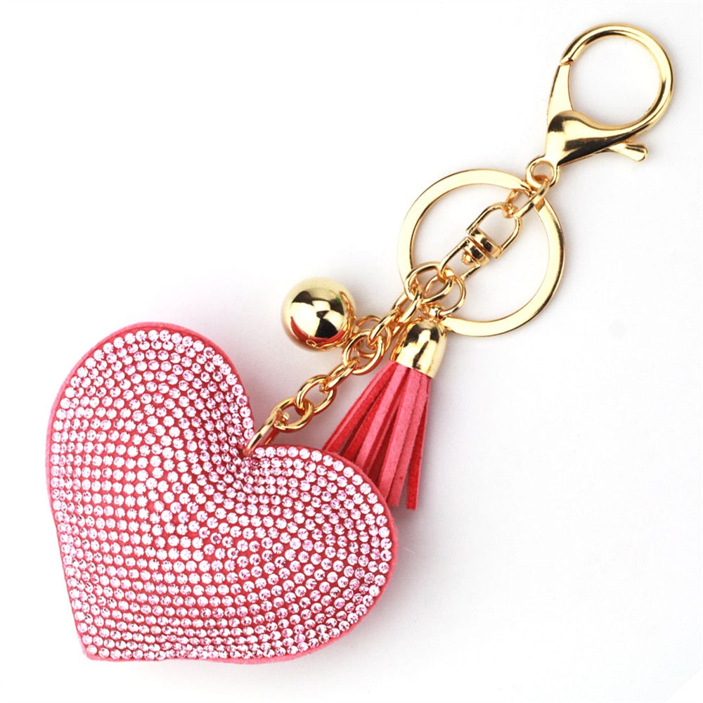 11 Styles Heart Full Rhinestone Keychain PU Leather Tassel Keyring for Women Car