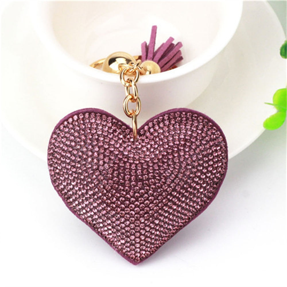 Deep Purple Heart Full Rhinestone Keychain PU Leather Tassel Keyring for Women