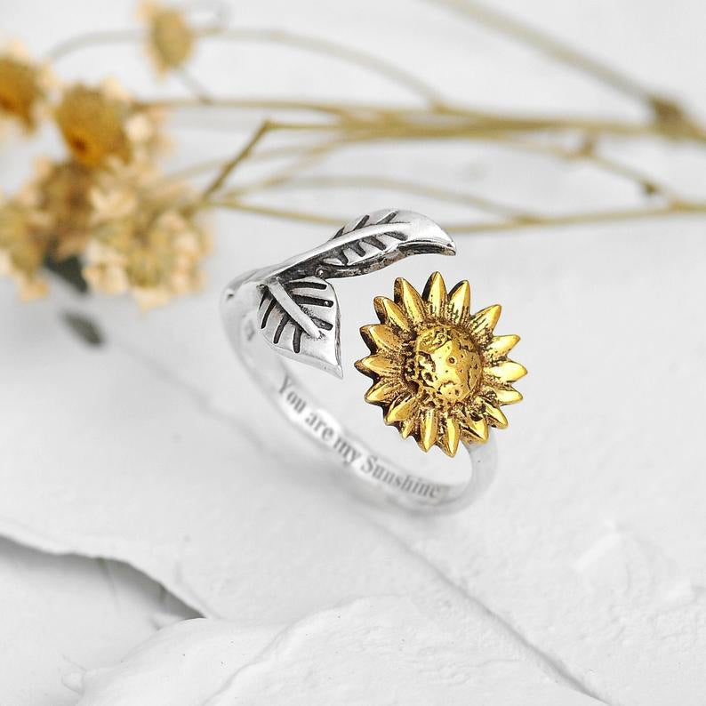 Bohemia Two-tone Sunflower Ring Flower Adjustable Ring Women Wedding Engagement Jewelry Gifts