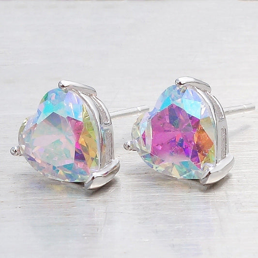 Holographic Heart Crystal Stud Earrings Fashion Women Female Earrings Piercing