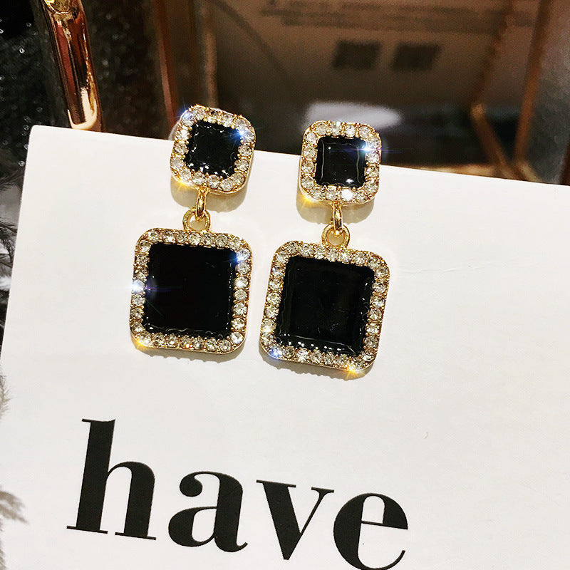 Rhinestone Black Color Square Jewelry Fashion Dangle Earrings for Girls Party Birthday Gift