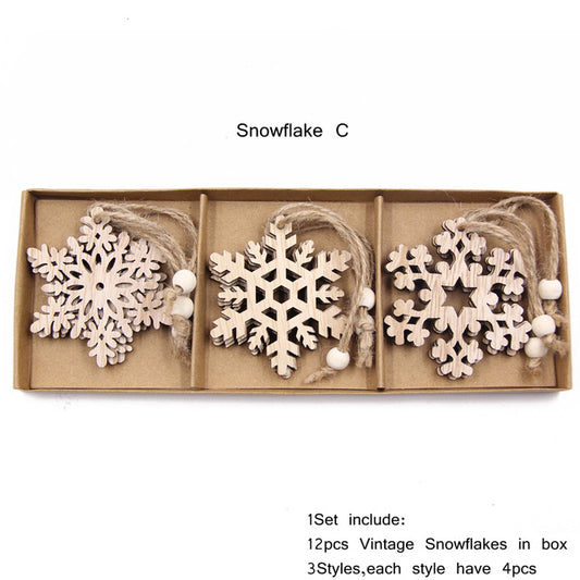 12PCS Box Multi Christmas Snowflakes Wooden Pendants Ornamen