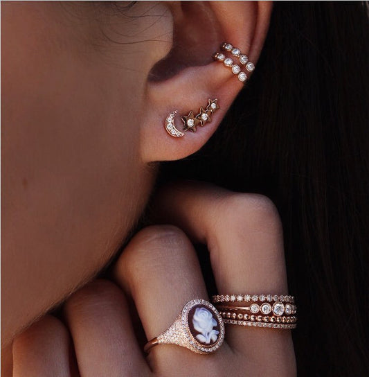 4pc Set Star Moon Stud Earrings Ear Cuffs Women Fashionable Luxurious Earrings