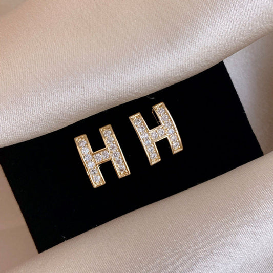 Rhinestone Letter H Stud Earrings Female Girl Fashion Earrings Birthday Holiday