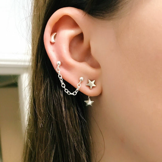 Moon Star Chain Ear Stud Earrings Dangle Women Fashion Jewelry Gift for Her