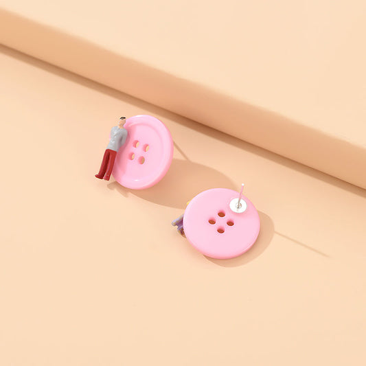 Pink Button Stud Earrings Women Fashionable Luxurious Earrings Jewelry