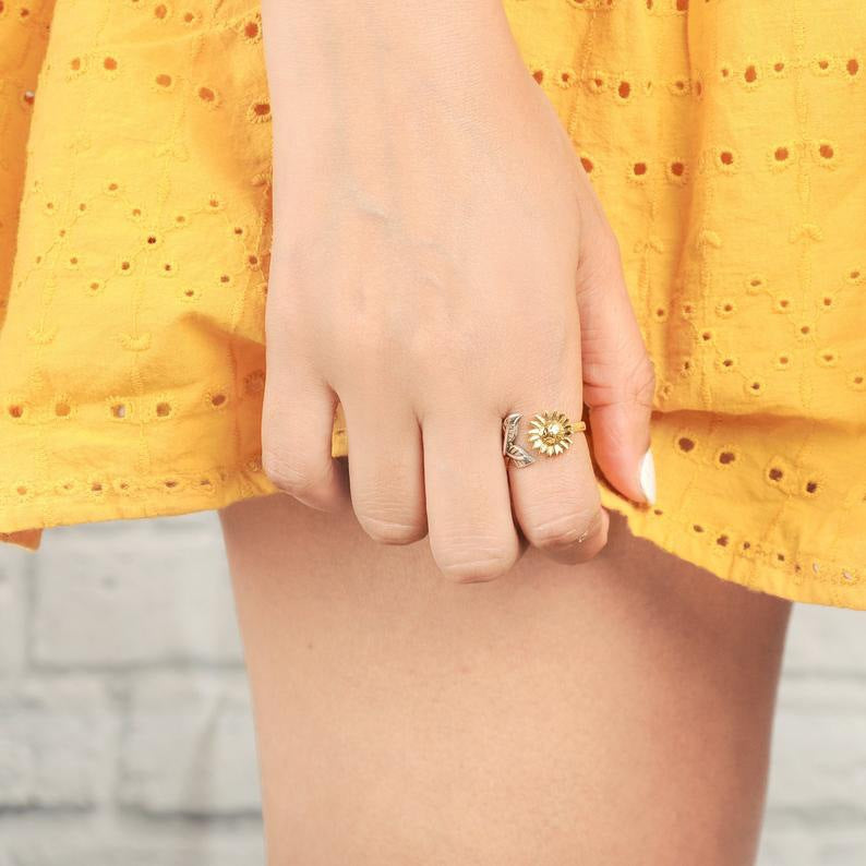 Bohemia Two-tone Sunflower Ring Flower Adjustable Ring Women Wedding Engagement Jewelry Gifts