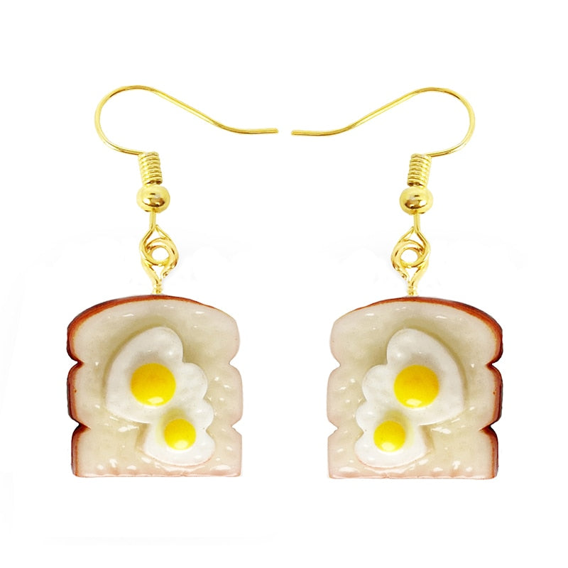 Resin Fried Egg Sandwich Drop Earrings Women Art Fashion Cartoon Earrings