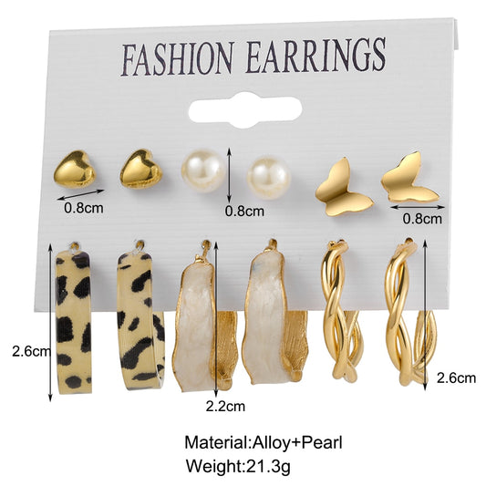 6 Pairs Beige Hoop and Stud Earrings Set Fashion Women Summer Party Jewelry