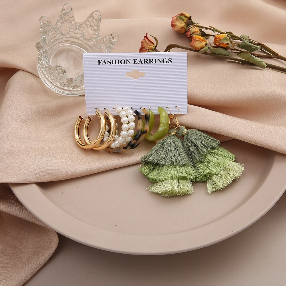 5 Pairs Set Green Tassel Drop Earrings Fashion Women Summer Party Jewelry Girls