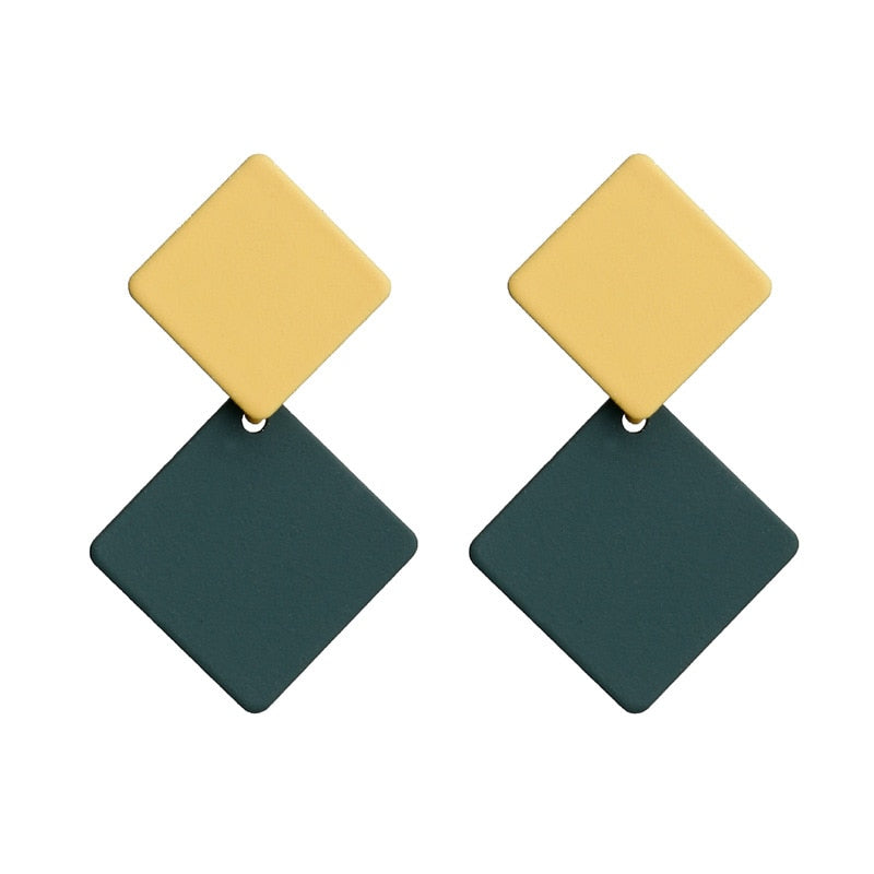 Yellow Green Square Drop Earrings Cartoon Art Women Party Jewelry Ear Fashion