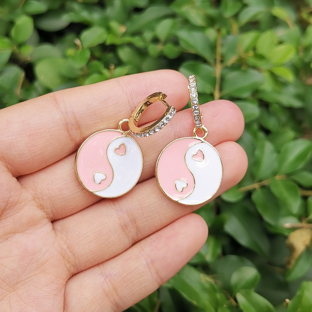 Rhinestone Pink Yin Yang Drop Earrings Women Girl Fashion Trendy Jewelry