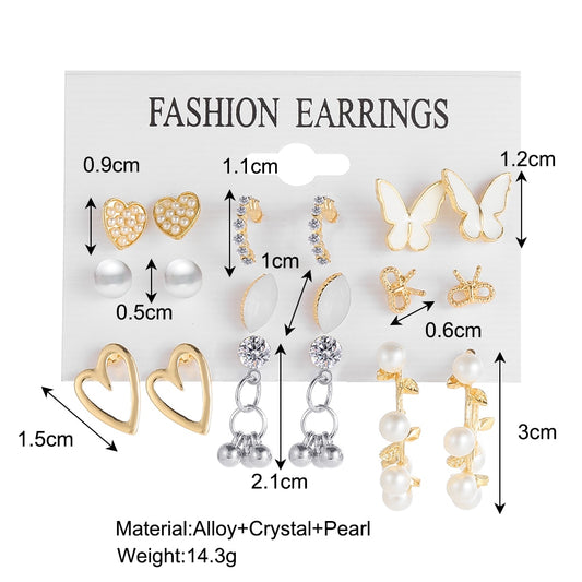 9pairs Set Bow Heart Pearl Stud Earrings Fashion Women Summer Party Jewelry