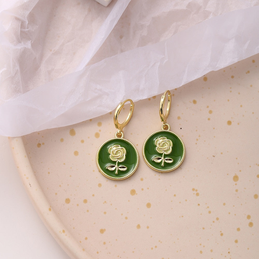 Green Rose Dangle Earrings Fashion Party Girls Pendant Earrings Women Jewelry