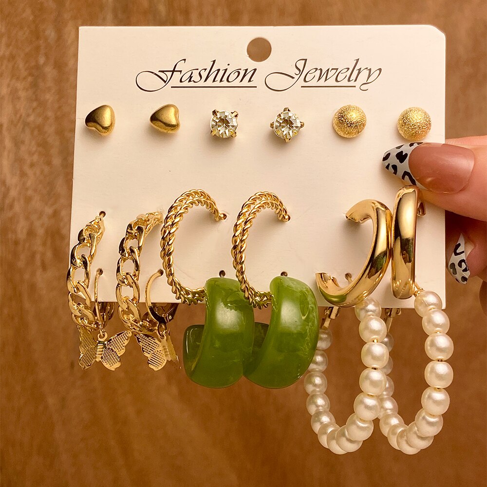 9 Pairs Set Chain Green Mini Stud and Hoop Earrings Fashion Women Summer Party